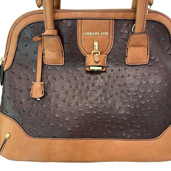 London Fog Brown & Tan Vegan Ostrich Leather Satchel Handbag With Shoulder - Picture 9 of 14